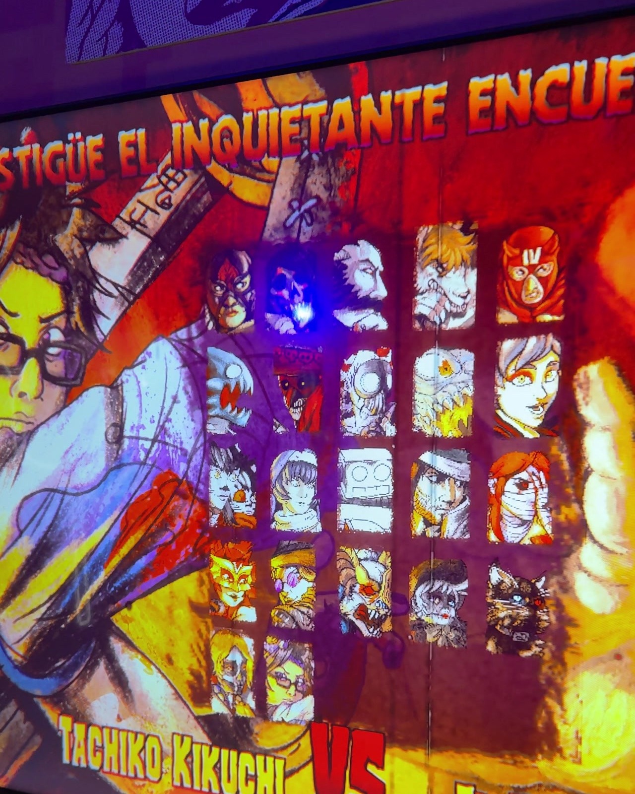 Pantalla de selección de personajes de Mostroscopy, con luchadores y monstruos, en el Banamex Super Indie Games 2026.