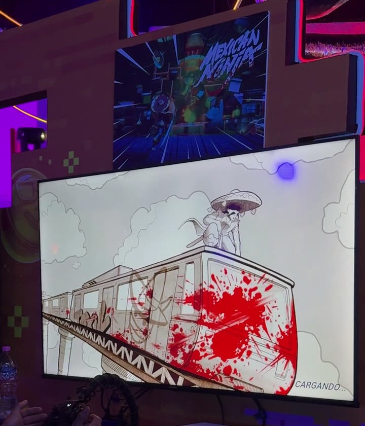 Estación de Mexican Ninja, con su póster y una pantalla de carga con un ninja con sombrero sobre un tren, en el Banamex Super Indie Games 2026.